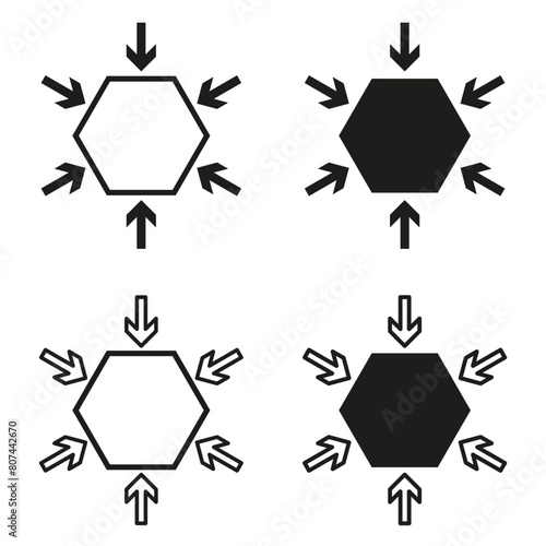 Hexagon and directional arrows icons. Inward and outward pointing symbols. Concentration and expansion concept. Vector illustration. EPS 10.