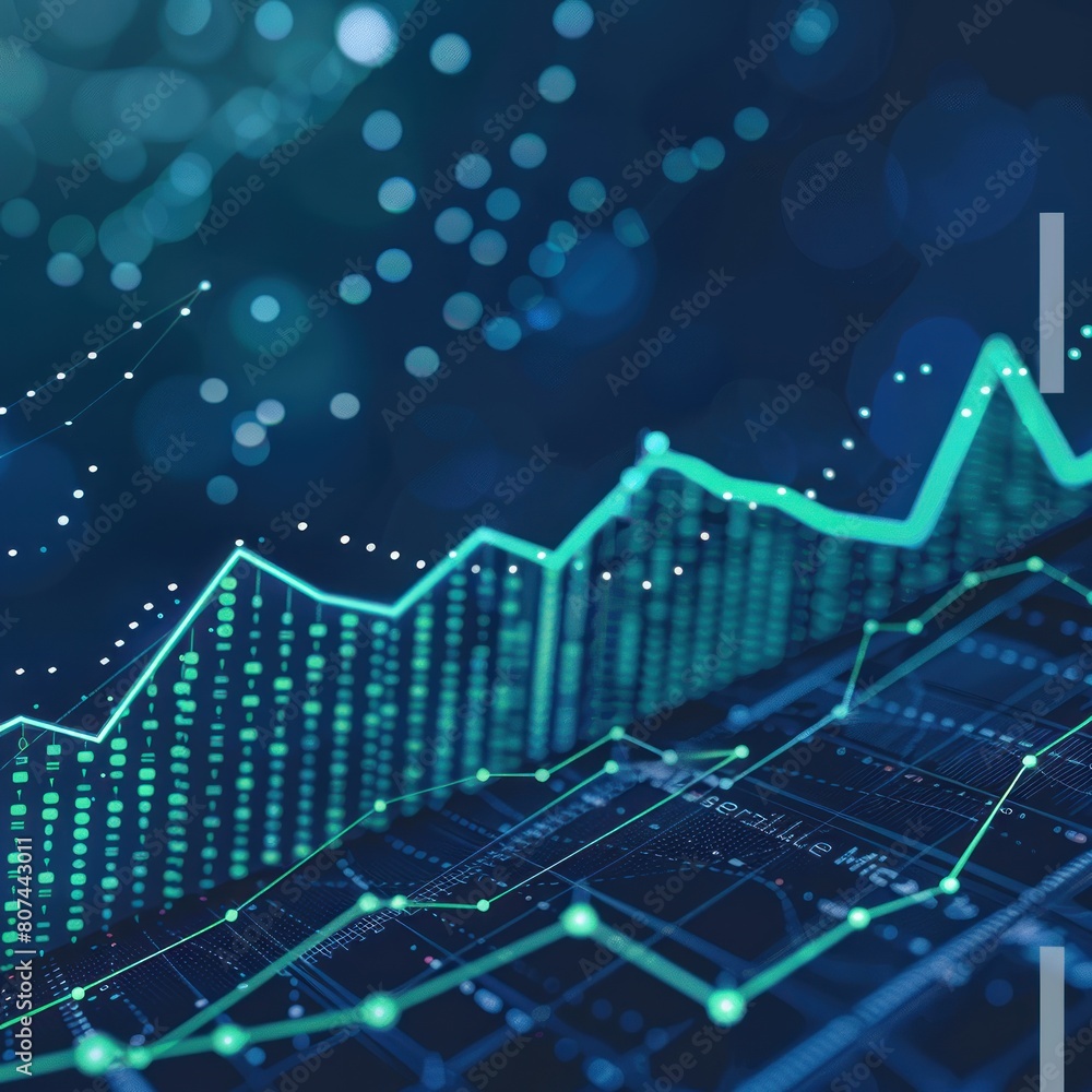 Naklejka premium Financial chart close up with upward trend line candlestick chart in stock market on blue color monitor background, stock currency and exchange chart display for financial and economic view