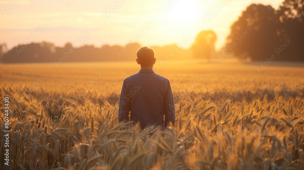 Fototapeta premium A man standing in a wheat field during the colorful hues of a sunset