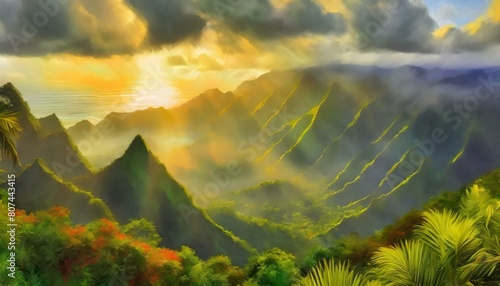 Hawaii Kauai Sunset Over Tropical Mountains