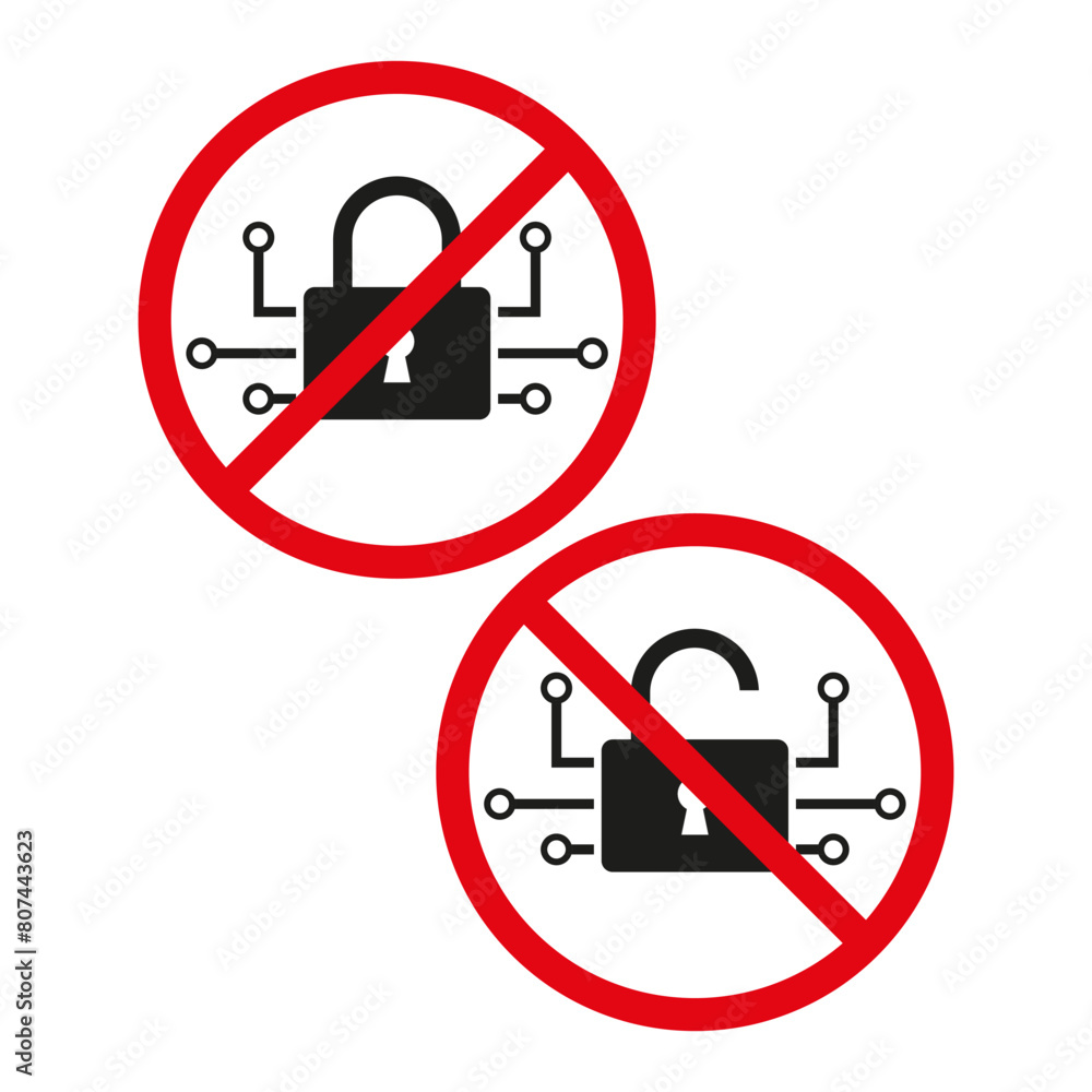Cybersecurity ban concept. Locked digital network icon. Unsecured data transfer alert. Open encryption Vector sign.