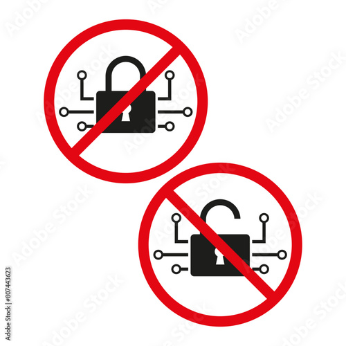 Cybersecurity ban concept. Locked digital network icon. Unsecured data transfer alert. Open encryption Vector sign.