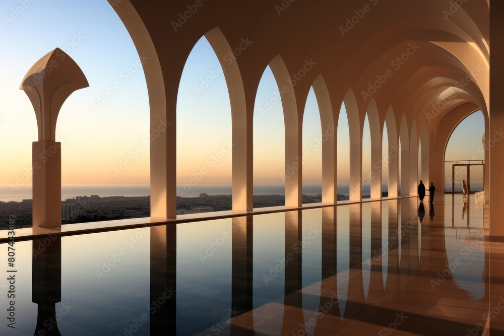 The image displays an elegant architectural structure with curved arches and a reflective pool, creating a symmetrical composition. The warm sunlight enhances the scenes aesthetic appeal