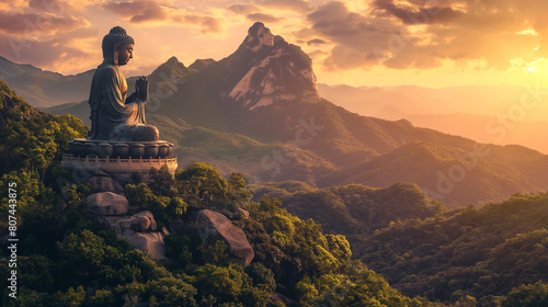 A majestic statue of the Buddha at sunset  surrounded by lush green mountains and a golden sky in Hong Kong