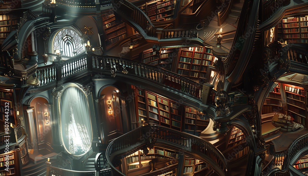 Merge the essence of classic literature with a vision of futuristic technologies seen from a unique aerial viewpoint Use unexpected camera angles to infuse the scene with mystery a