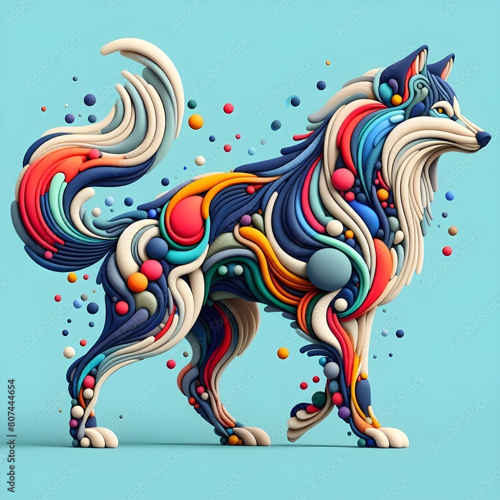 A wolf, minimalistic colorful organic forms, energy,asembled,leyeard, depth, alive vibrant,3d