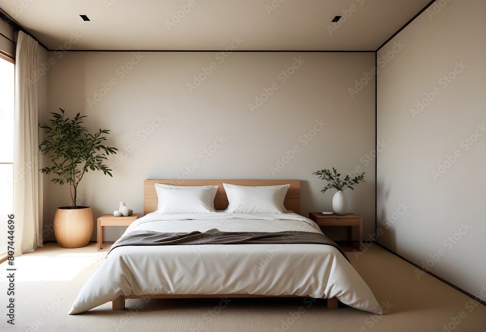 Modern contemporary Bedroom, hotel. Minimalist, Wabisabi. 
