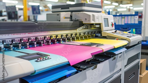 A printer with a colorful paper is in a factory. The printer is a large machine with a screen and buttons photo