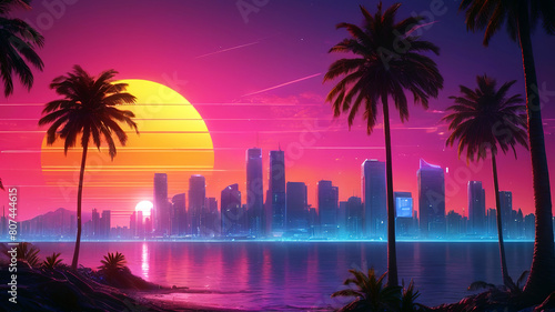 Beautiful sunset over the city with palm trees and skyscrapers
