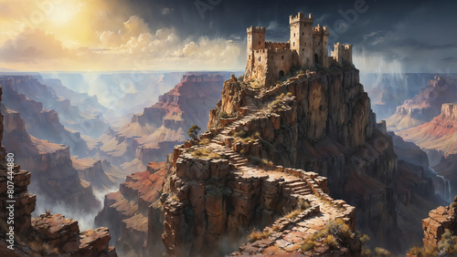 Ancient old fantasy castle ruins on a rocky cliff with stone steps path, high above a grand canyon with majestic view of valley landscape, setting sun shining brightly as storm rain clouds move in.