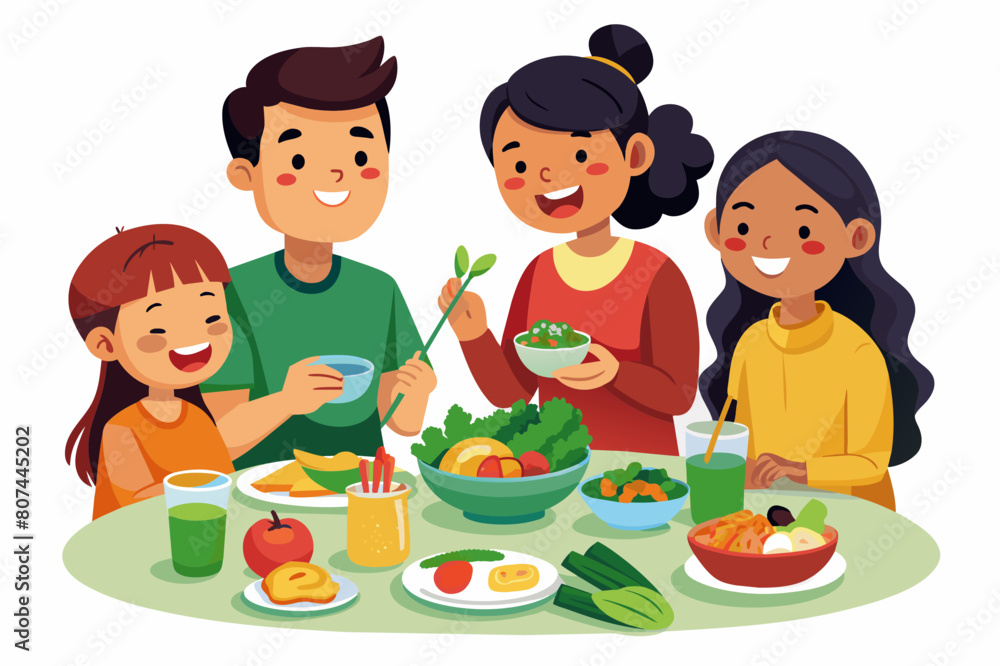 A family enjoying healthy food, a family eating healthy home-cooked food illustration A family enjoying healthy food, a family eating healthy home-cooked food illustration