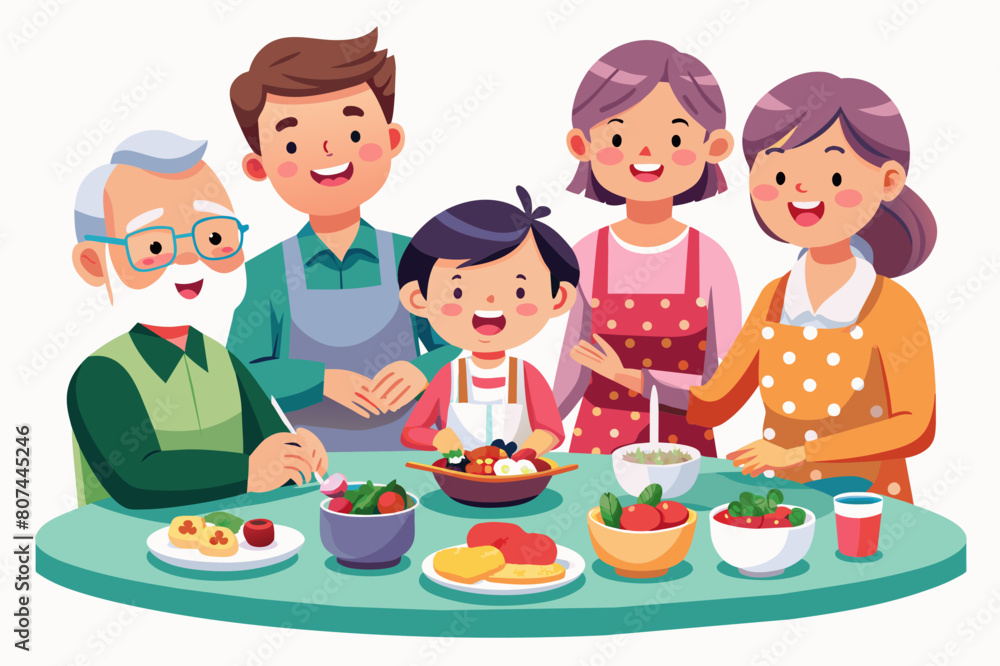 A family enjoying healthy food, a family eating healthy home-cooked food illustration A family enjoying healthy food, a family eating healthy home-cooked food illustration