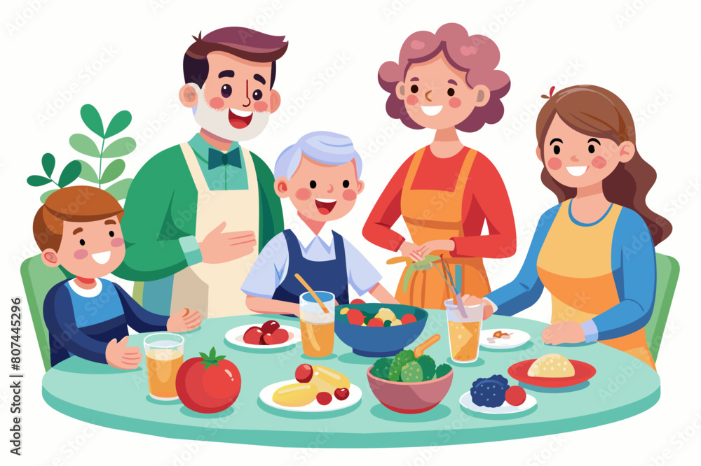 A family enjoying healthy food, a family eating healthy home-cooked food illustration A family enjoying healthy food, a family eating healthy home-cooked food illustration