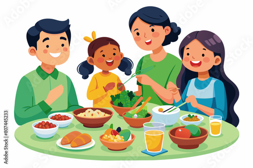 A family enjoying healthy food, a family eating healthy home-cooked food illustration