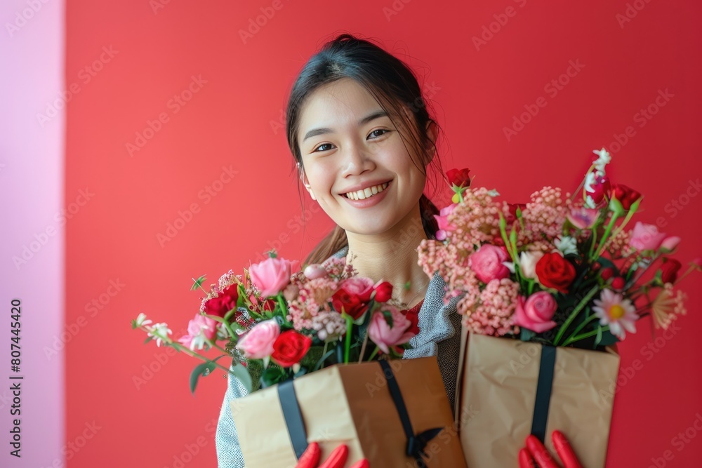 Radiant Mother's Day Bliss: Happy Mom Holding Gifts and Flowers on Pink and Red Background Radiant Mother's Day Bliss: Happy Mom Holding Gifts and Flowers on Pink and Red Background