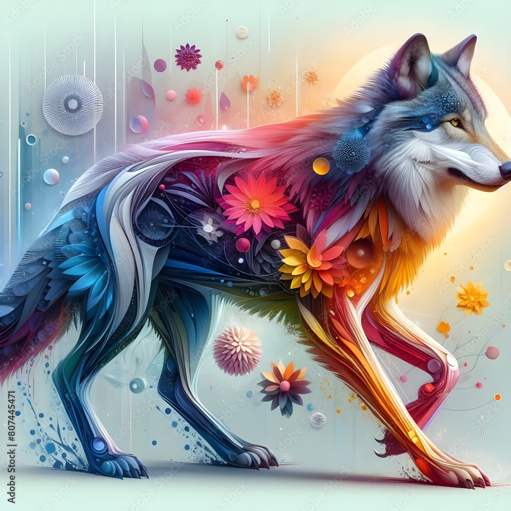 Obraz premium A wolf, minimalistic colorful organic forms, energy,asembled,leyeard, depth, alive vibrant,3d