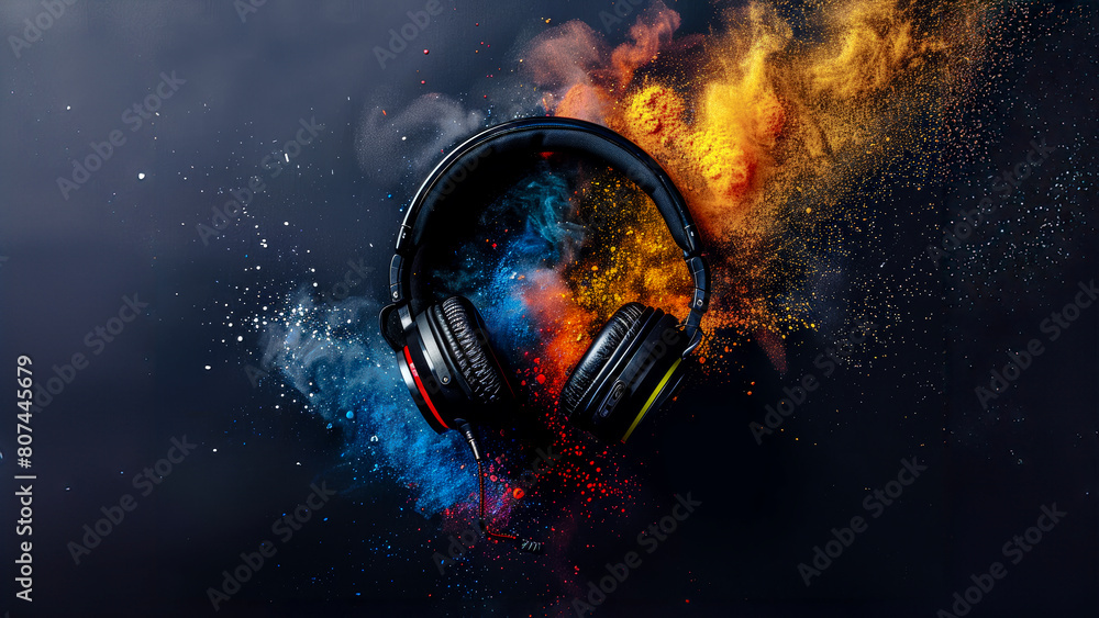 Fototapeta premium Headphones falling with colorful pigments power splash on black background.