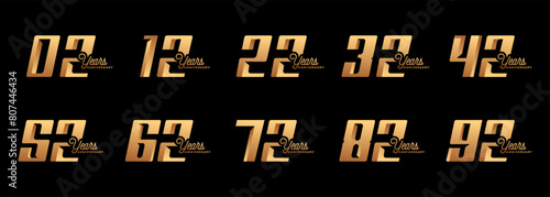 collection of anniversary logos from 2 years to 92 years with gold numbers on a black background for celebratory moments, anniversaries, birthdays