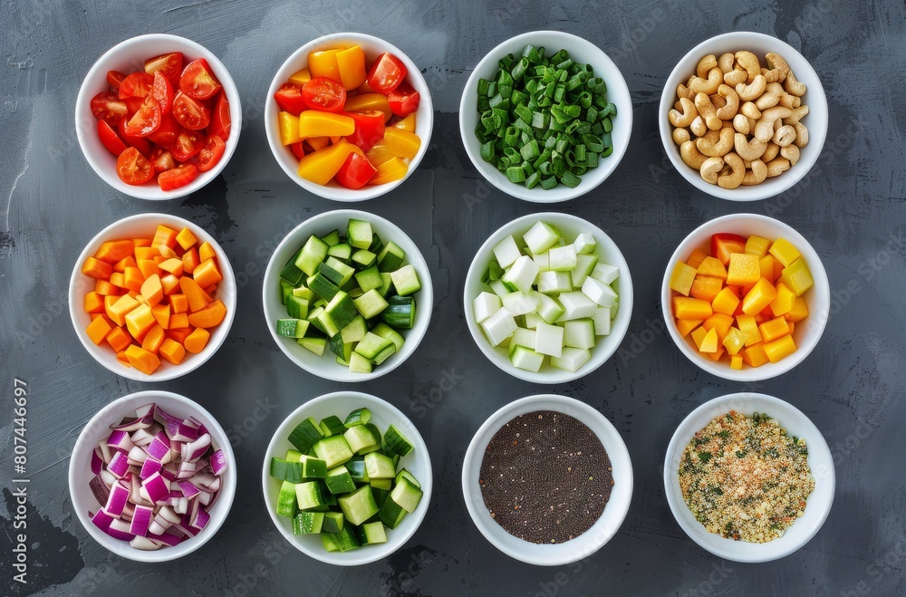Colorful bowls with different healthy ingredients, diced vegetables, nuts, fruits Colorful bowls with different healthy ingredients, diced vegetables, nuts, fruits