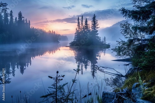 tranquil foggy lake at dawn serene landscape photography capturing natures beauty