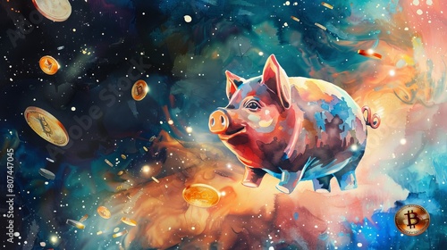 Watercolor of a cosmic piggy bank floating in space, vibrant cryptocurrency coins swirling around it, capturing a futuristic financial theme