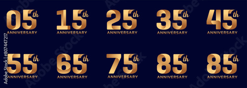 collection of anniversary logos from 5 years to 95 years with gold numbers on a black background for celebration moments, anniversaries, birthdays