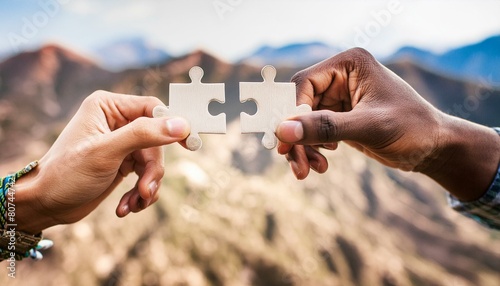 close-up of hands holding puzzle pieces, cooperation, mutual aid, strategy photo