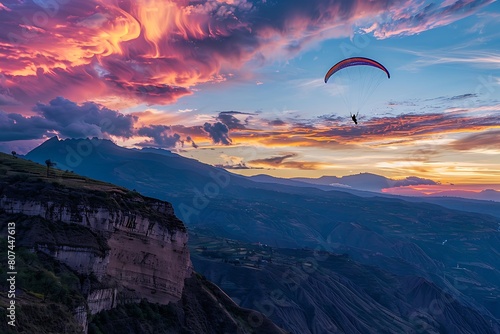 An exhilarating scene depicting a paraglider soaring high above a majestic mountain range at sunset, the golden hues of the fading light casting a warm glow over the rugged peaks and valleys below