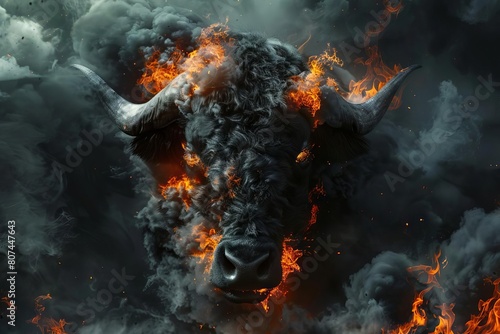 black yak engulfed in flames and smoke dramatic 3d rendering surreal fantasy illustration
