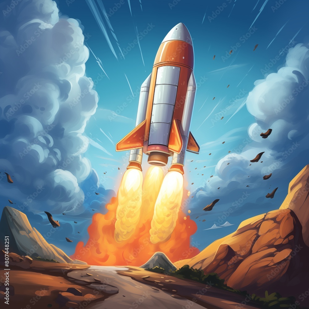 Naklejka premium Dramatic Illustration of a Rocket Launching Into Space Against a Dynamic Sky