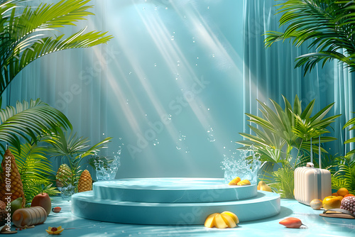 Empty stylish podium 3D mockup background for beauty product presentation. Summer transparent copy space platform surrounded by palm leaves . Cosmetics, perfume or home goods advertising stand.