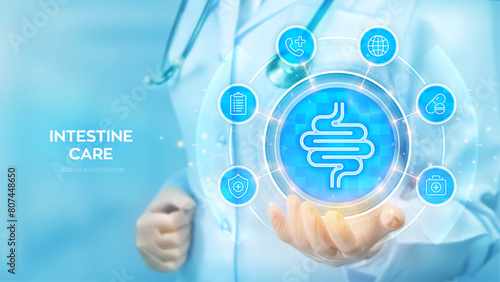 Intestine care. Treatment of the bowel. Intestinal inflammation, enteritis, colitis, dysbacteriosis. Doctor holding in hand Intestine icon and medicine icons network connection. Vector illustration.