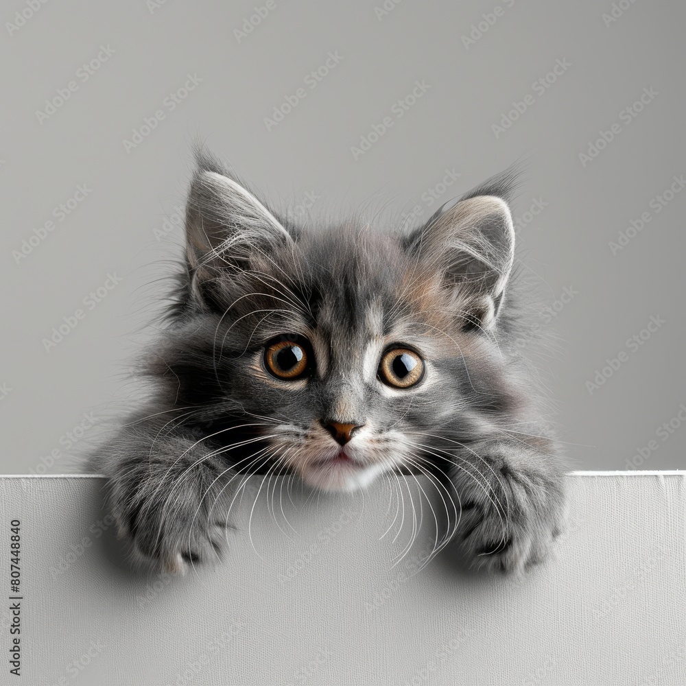 A cute kitten is peeking over the edge of a table. The kitten is gray and white, with big green eyes and a pink nose. It is looking up at the viewer with a curious expression.