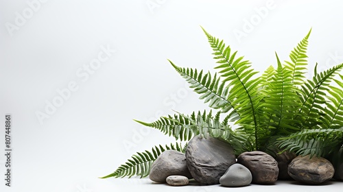 A lush green fern plant with gray rocks on a white background. The fern is on the right side of the image. Ferns and rocks are common elements in Japanese gardens. photo