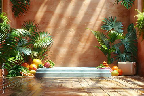 Empty stylish podium 3D mockup background for beauty product presentation. Summer transparent copy space platform surrounded by palm leaves . Cosmetics, perfume or home goods advertising stand.