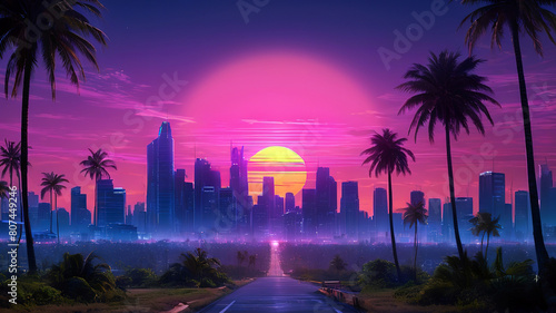 Sunset over the city with palm trees and road