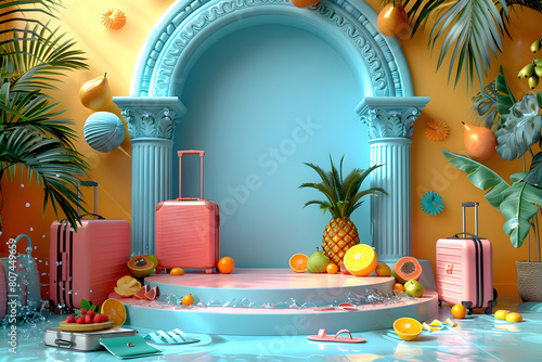 Empty stylish podium 3D mockup background for beauty product presentation. Summer transparent copy space platform surrounded by palm leaves . Cosmetics, perfume or home goods advertising stand.