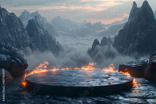 Empty stylish dark menly stone podium 3D mockup background, beauty product presentation concept. Copy space platform surrounded by rocks mountains fog fire . Cosmetics, perfume sales advertising stand