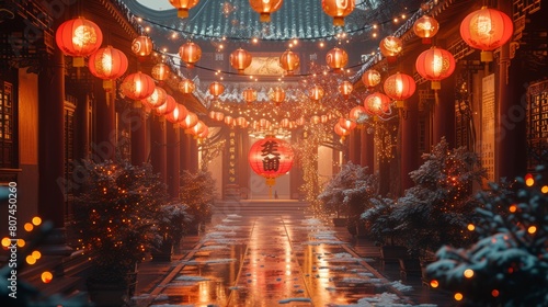 A Long Walkway Lit up With Lanterns and Christmas Lights in Front of a Chinese Style Building - Generative AI photo