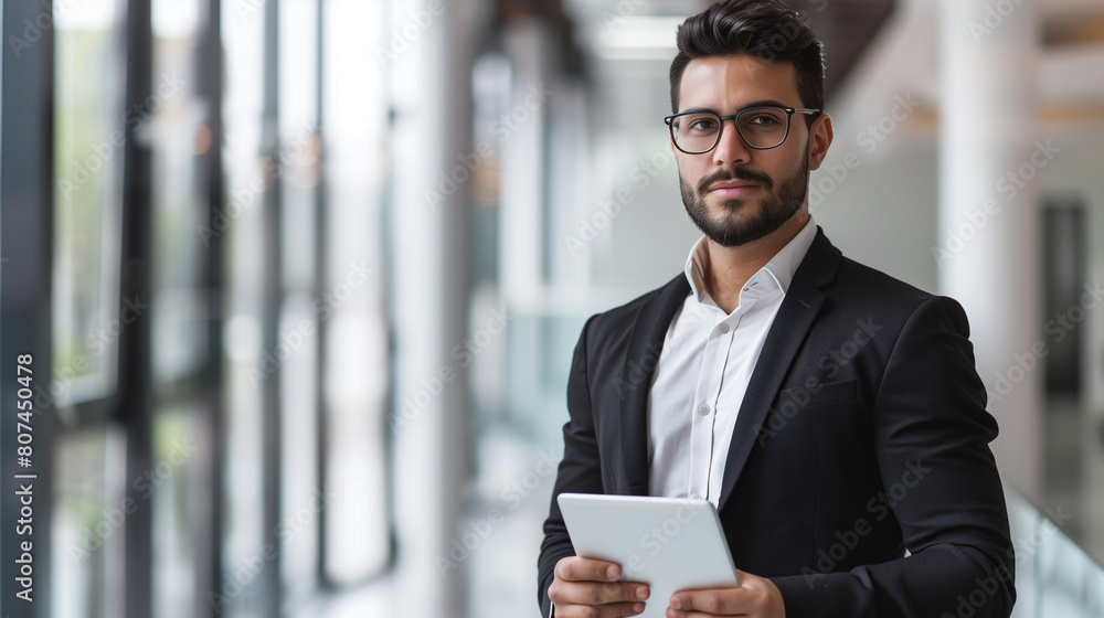 portrait of a businessman or a CEO holding a digital tablet standing in modern office, use of digital technology for business management portrait of a businessman or a CEO holding a digital tablet standing in modern office, use of digital technology for business management