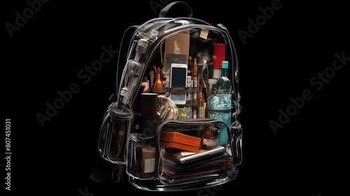 X-ray of a clear backpack with a laptop, camera, and other electronic devices inside.
