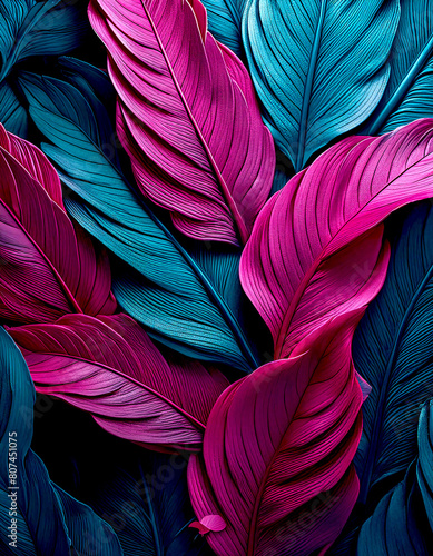 Decorative background of overlapping feathers in magenta and teal tones.
