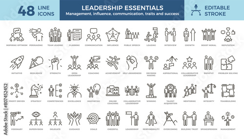 Leadership icon set. Vector thin line elements. Leader, management, communication, teamwork, influence, responsibility, success