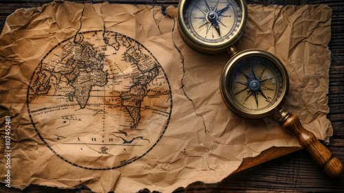A compass and a map of the world are on a piece of paper
