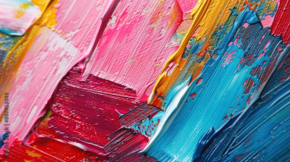 Closeup of abstract rough colorful colors painting texture, with oil brushstroke, pallet knife paint on canvas - Art background illustration. Art concept. copy space for text.