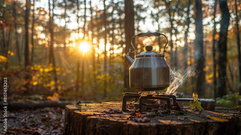 Vibrant outdoor setup with a stainless steel kettle on a gas burner, mounted on a cypress stump in a forest, beneath a bright yellow sky Vibrant outdoor setup with a stainless steel kettle on a gas burner, mounted on a cypress stump in a forest, beneath a bright yellow sky