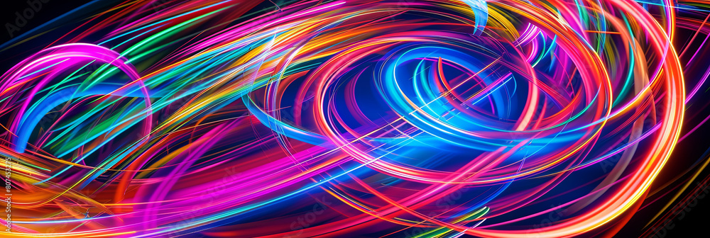 a colorful neon swirl of light trails, with vibrant colors and dynamic motion effects against the dark background, generative AI