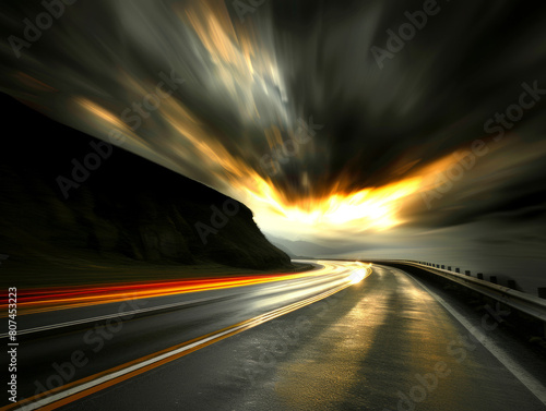 A road with a bright orange sun in the sky