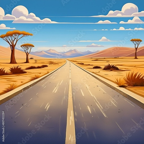 Road to nowhere on the desert plain with blue sky