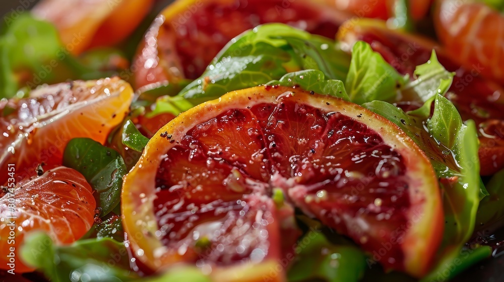 Sumptuous close view of a red blood orange salad, citrus freshness captured in detail, elegantly isolated under studio lighting Sumptuous close view of a red blood orange salad, citrus freshness captured in detail, elegantly isolated under studio lighting
